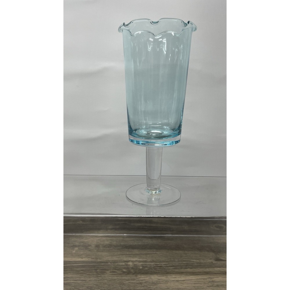 FTD Blue Glass Pedestal Vase Ruffled Scalloped Rim 9"